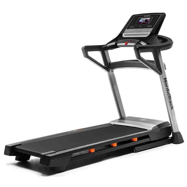 NordicTrack T 7.5 S bėgimo takelis su moderniu ekranu, reguliuojamu greičiu ir pasvirimo kampu, puikiai tinkantis patogiam ir efektyviam sportavimui namuose